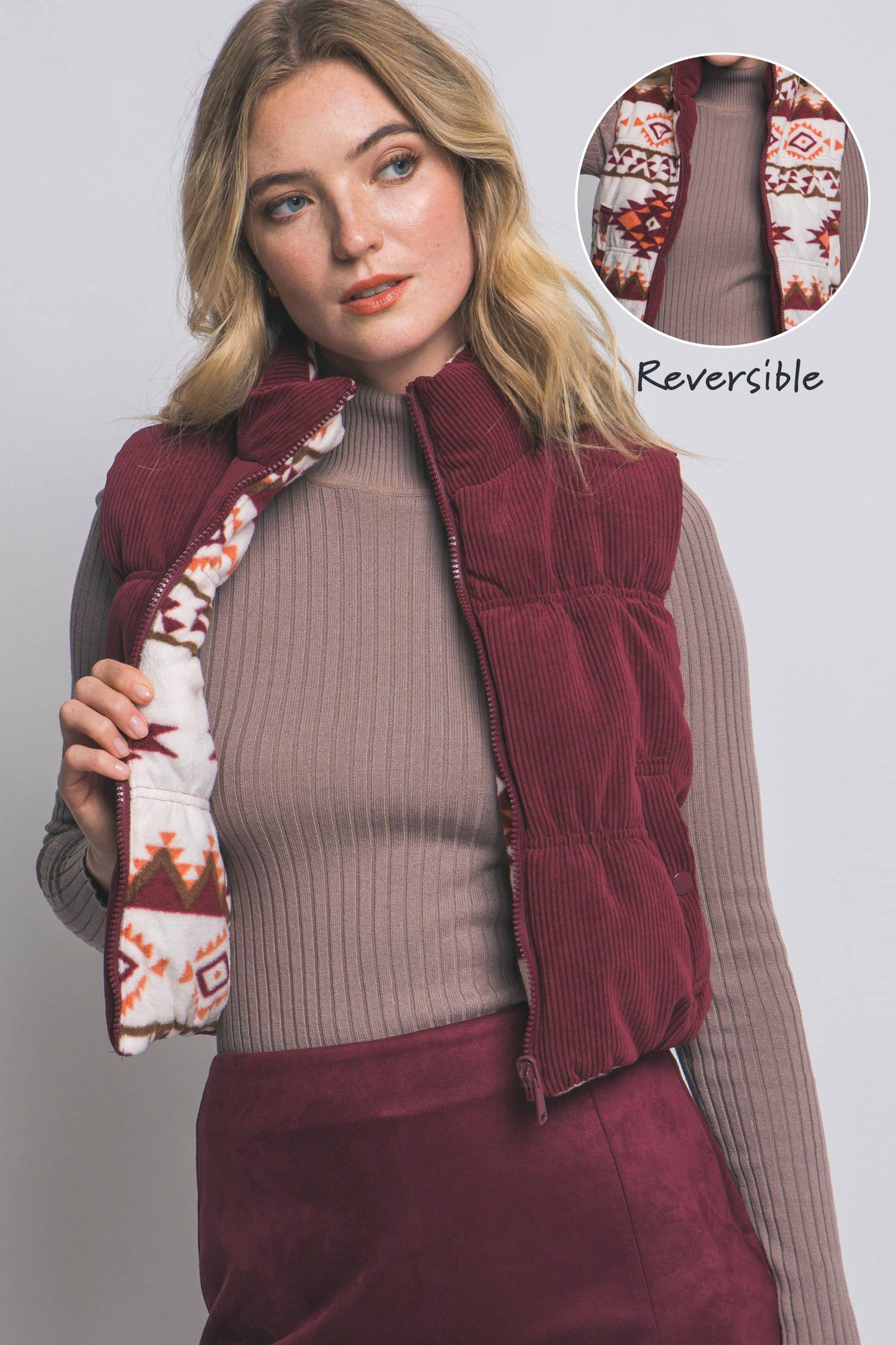 .0910 Aztec Print Reversible Corduroy Puffer Vest
SI-28762: CREAM-189050 / M
