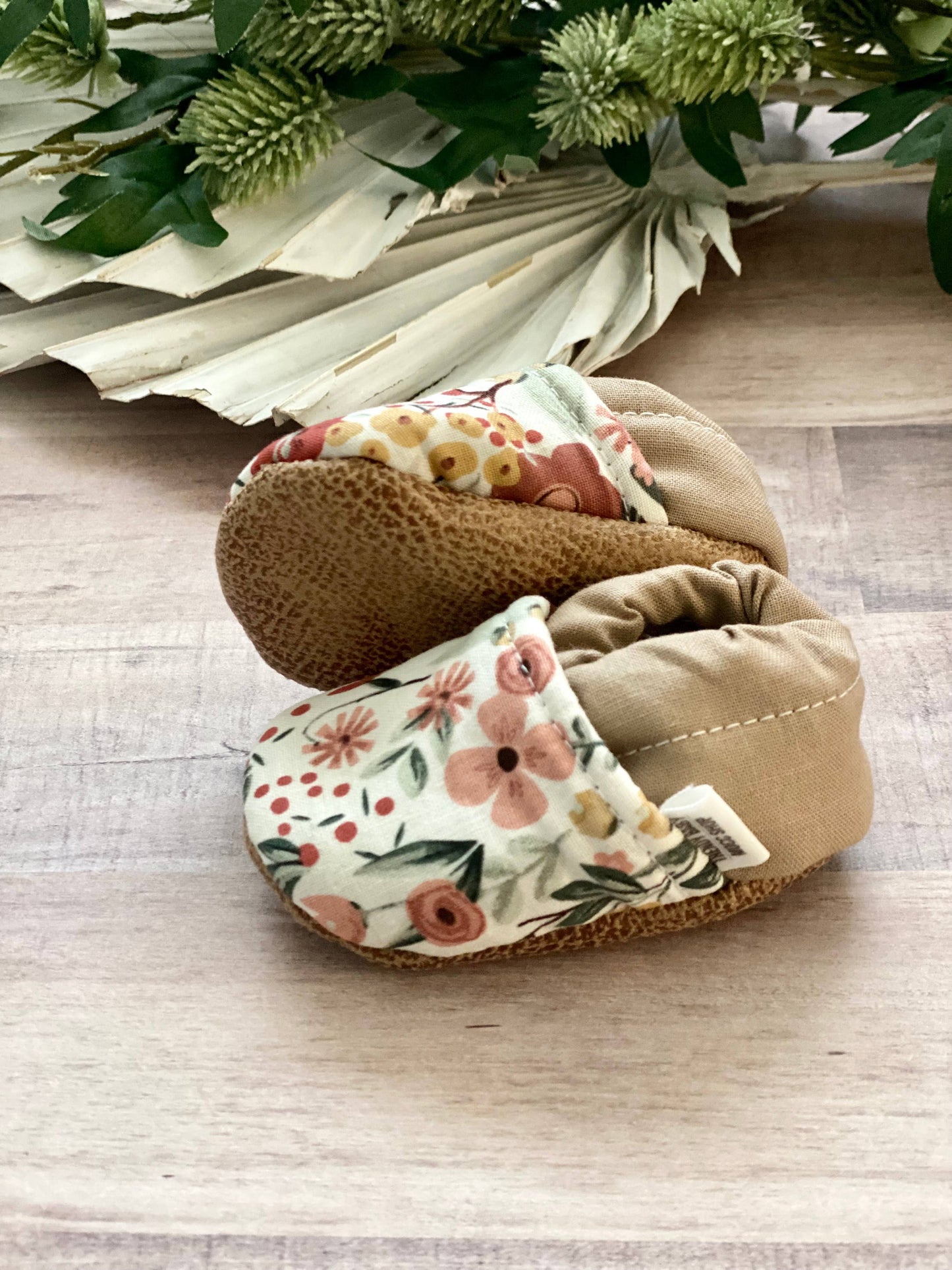 White Spring Floral with Tan Baby Shoes