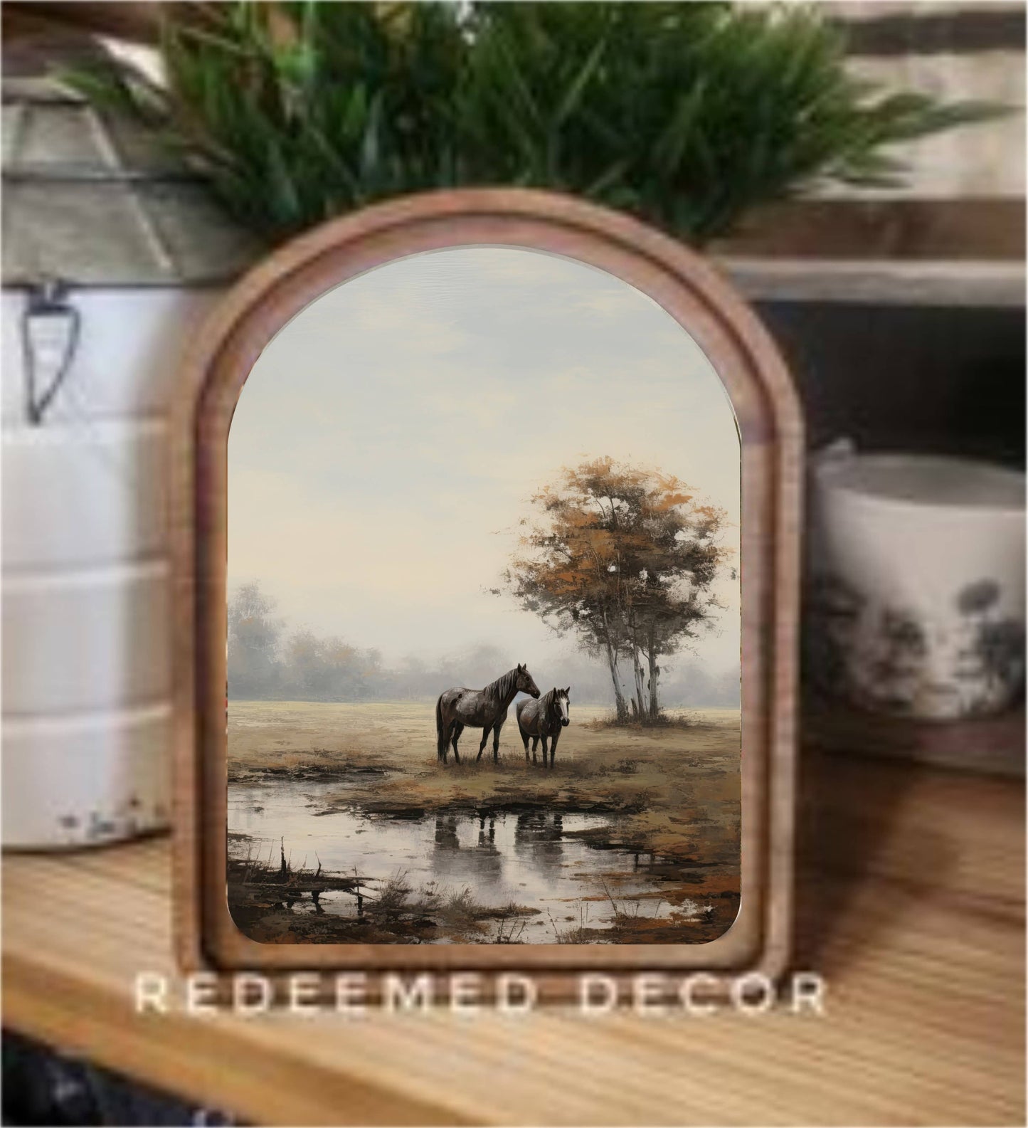 Arch Top Pasture Horses Framed Art : 6x8"