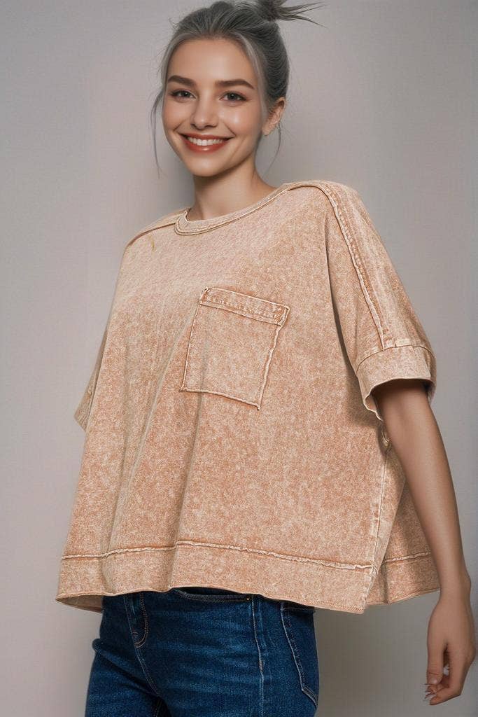Washed Exposed Seam Oversized Tee: BROWN