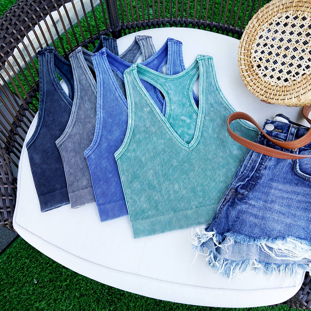 Premium Washed Seamless Rib Crop Tank: OCEAN BLUE
