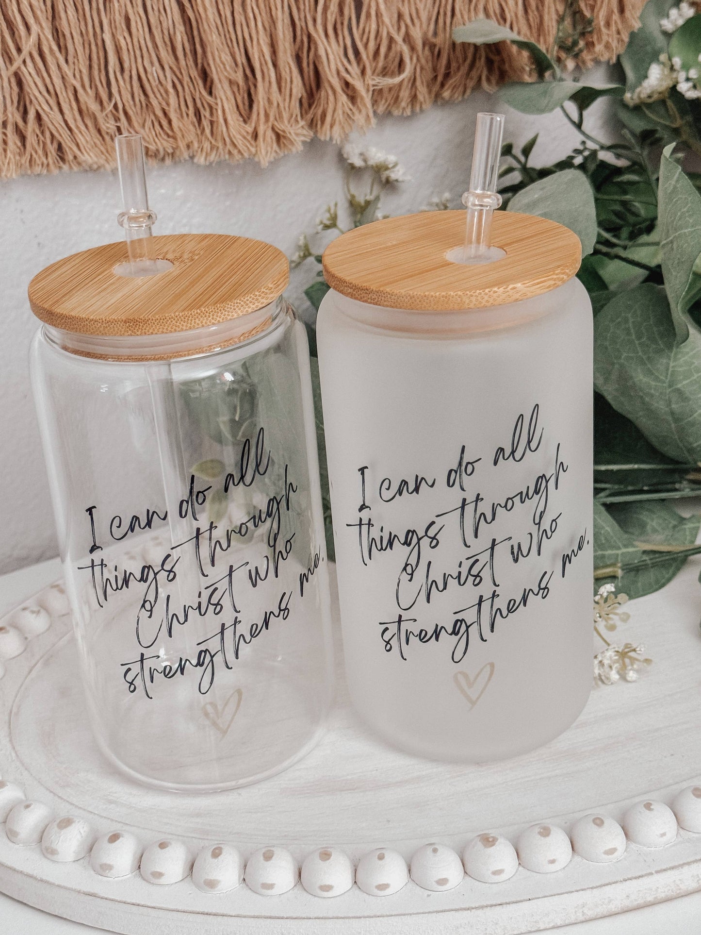 I Can Do All Things Through Christ 16oz Glass Cup with Lid: Frosted