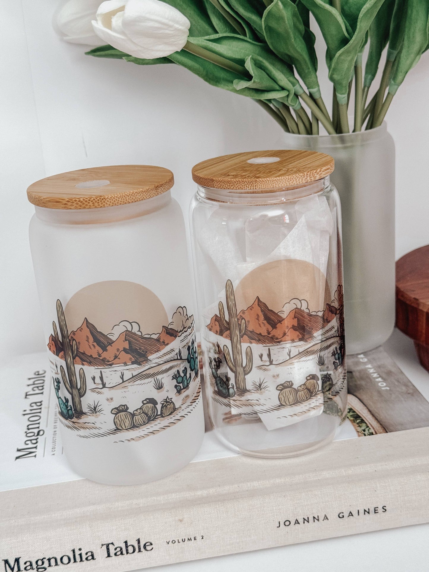 Desert 16oz Glass Cup with Bamboo Lid: Clear