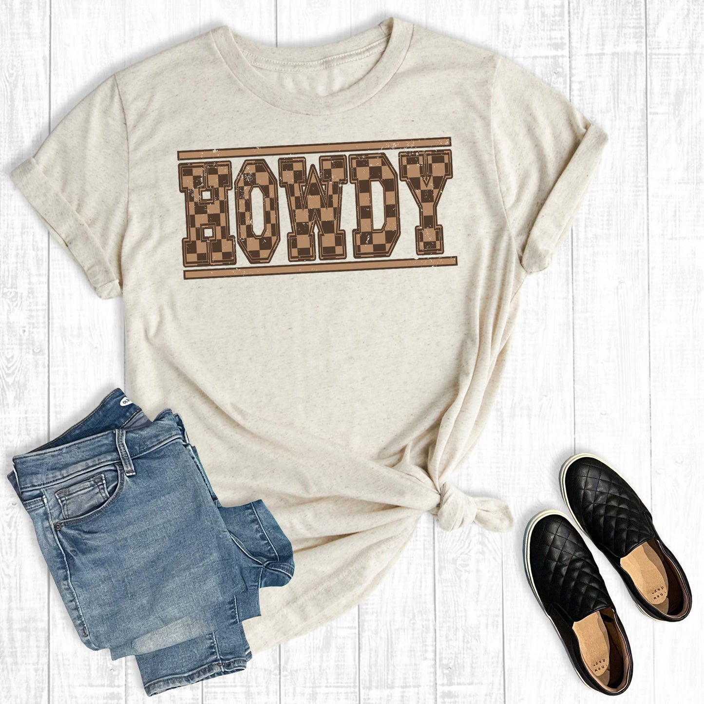 Checkered Howdy Graphic Tee: Oat