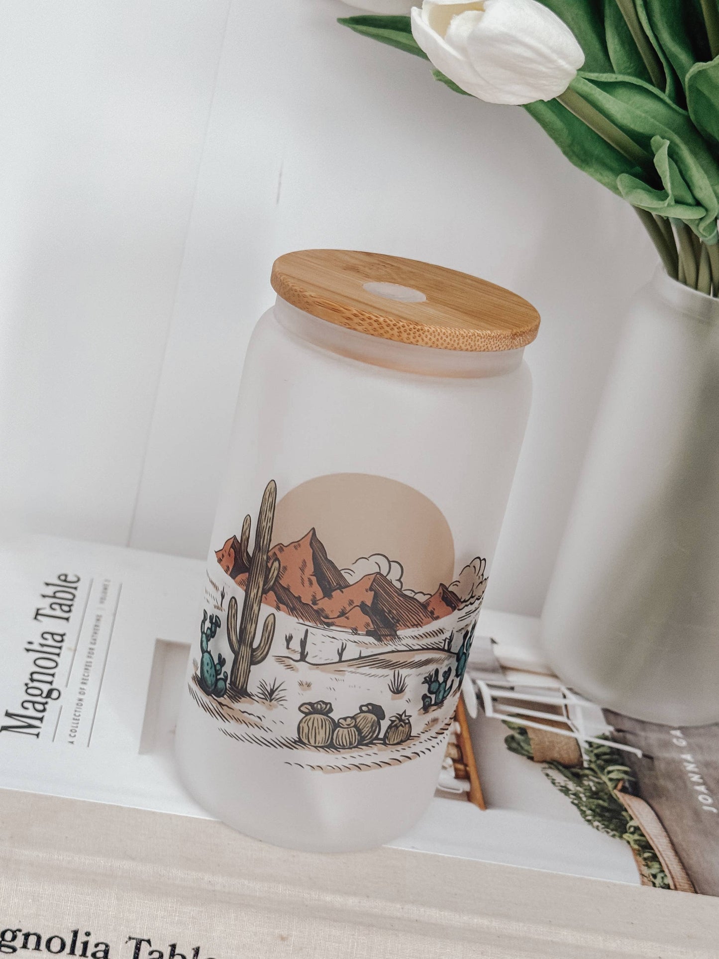 Desert 16oz Glass Cup with Bamboo Lid: Clear