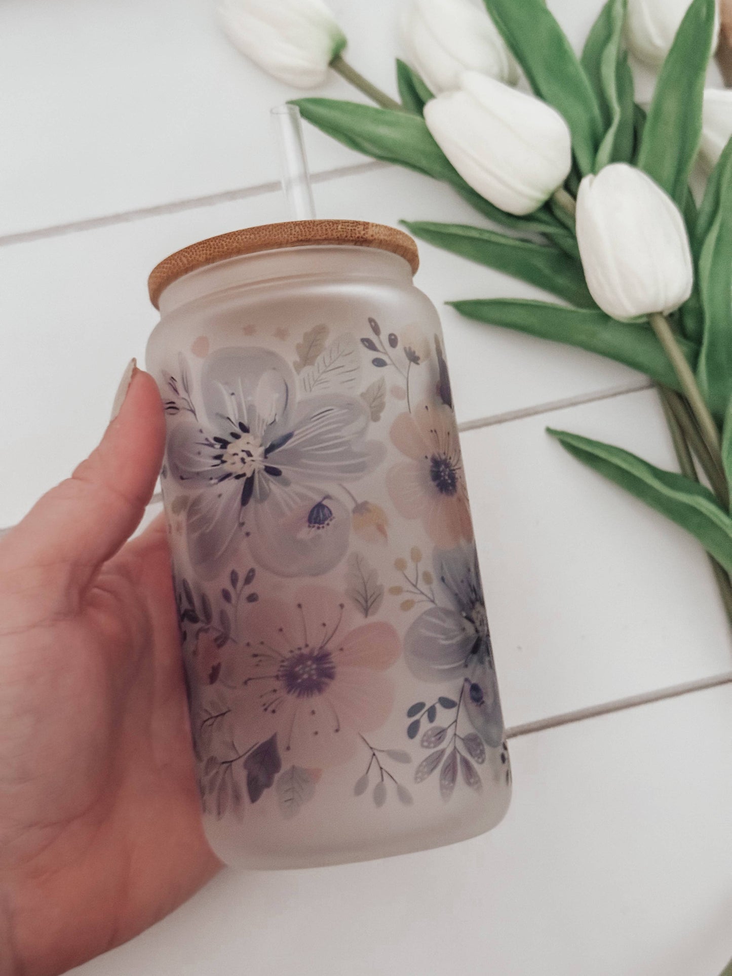 Spring Floral 16oz Glass Cup with Bamboo Lid : Frosted