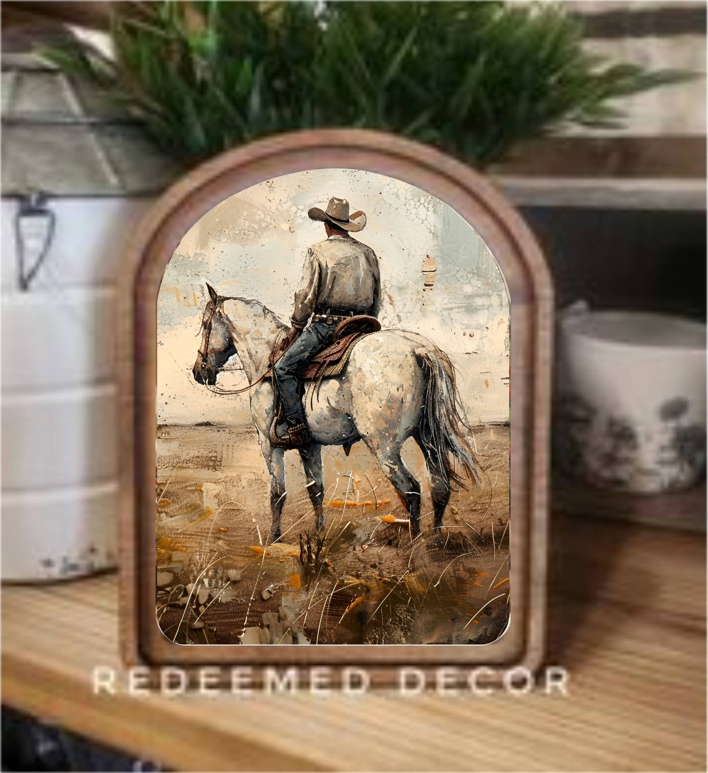 Arch Top White Horse Cowboy Framed Art : 6x8"