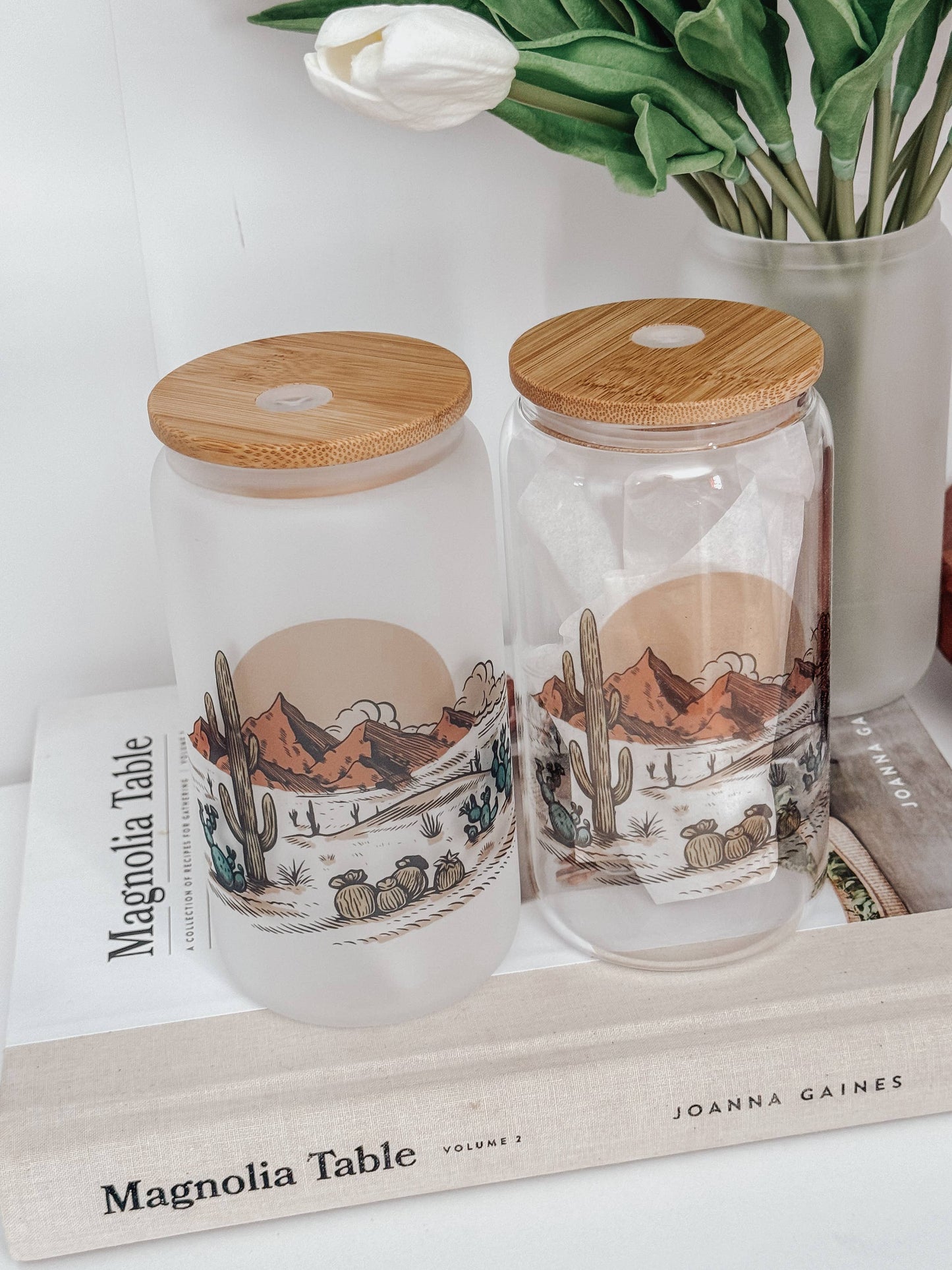 Desert 16oz Glass Cup with Bamboo Lid: Clear