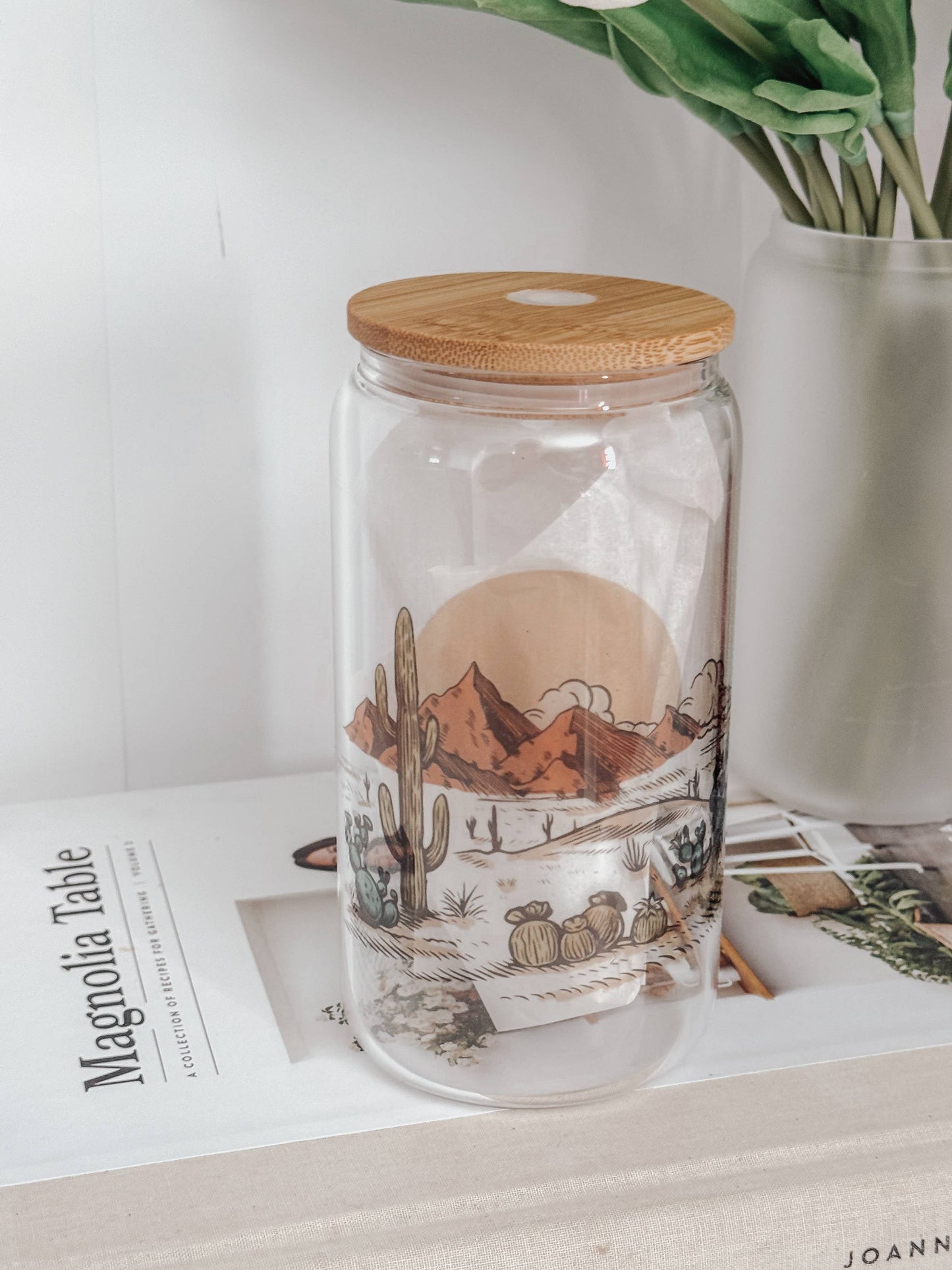 Desert 16oz Glass Cup with Bamboo Lid: Clear