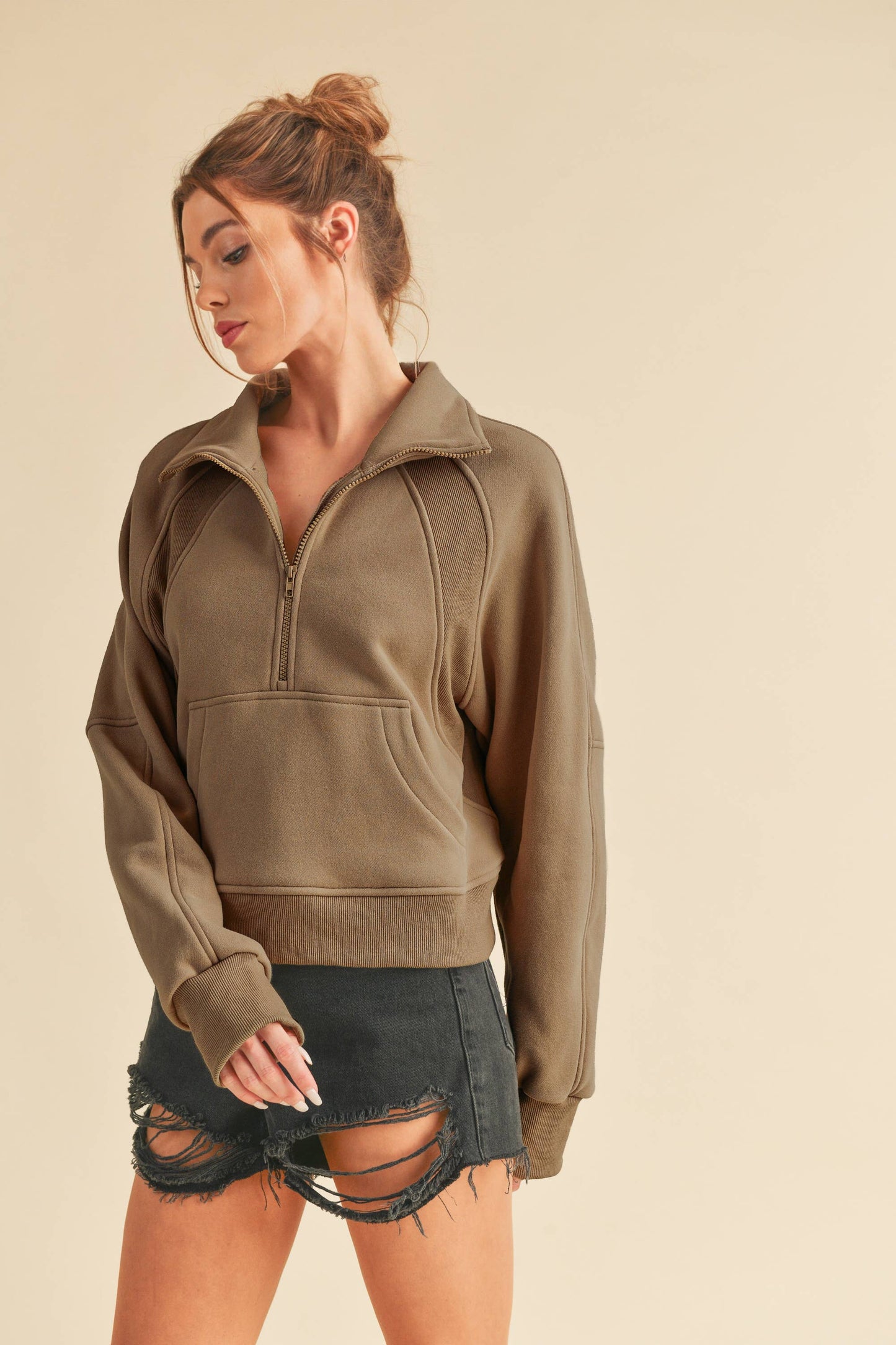 Funnel Neck Half Zip: Brown