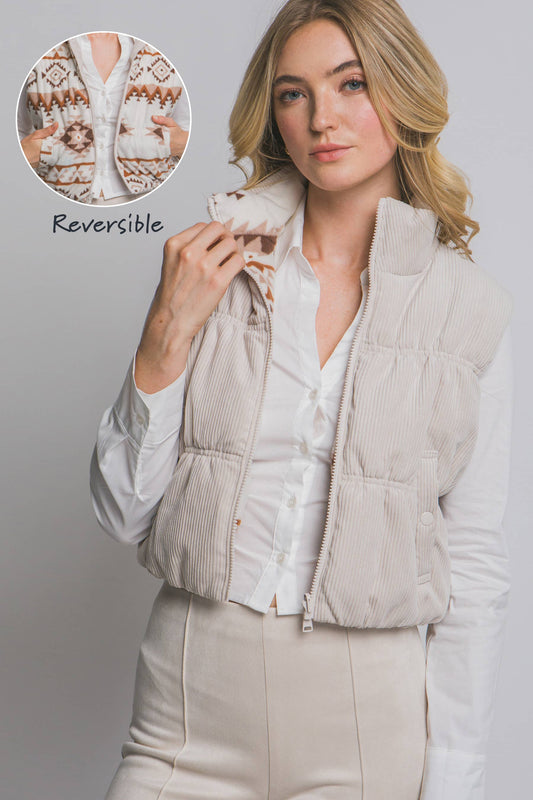 .0910 Aztec Print Reversible Corduroy Puffer Vest
 SI-28762: CREAM-189050 / M