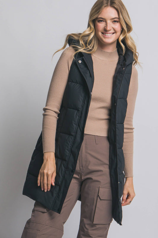 Hooded Long Quilted Puffer Vest: Black