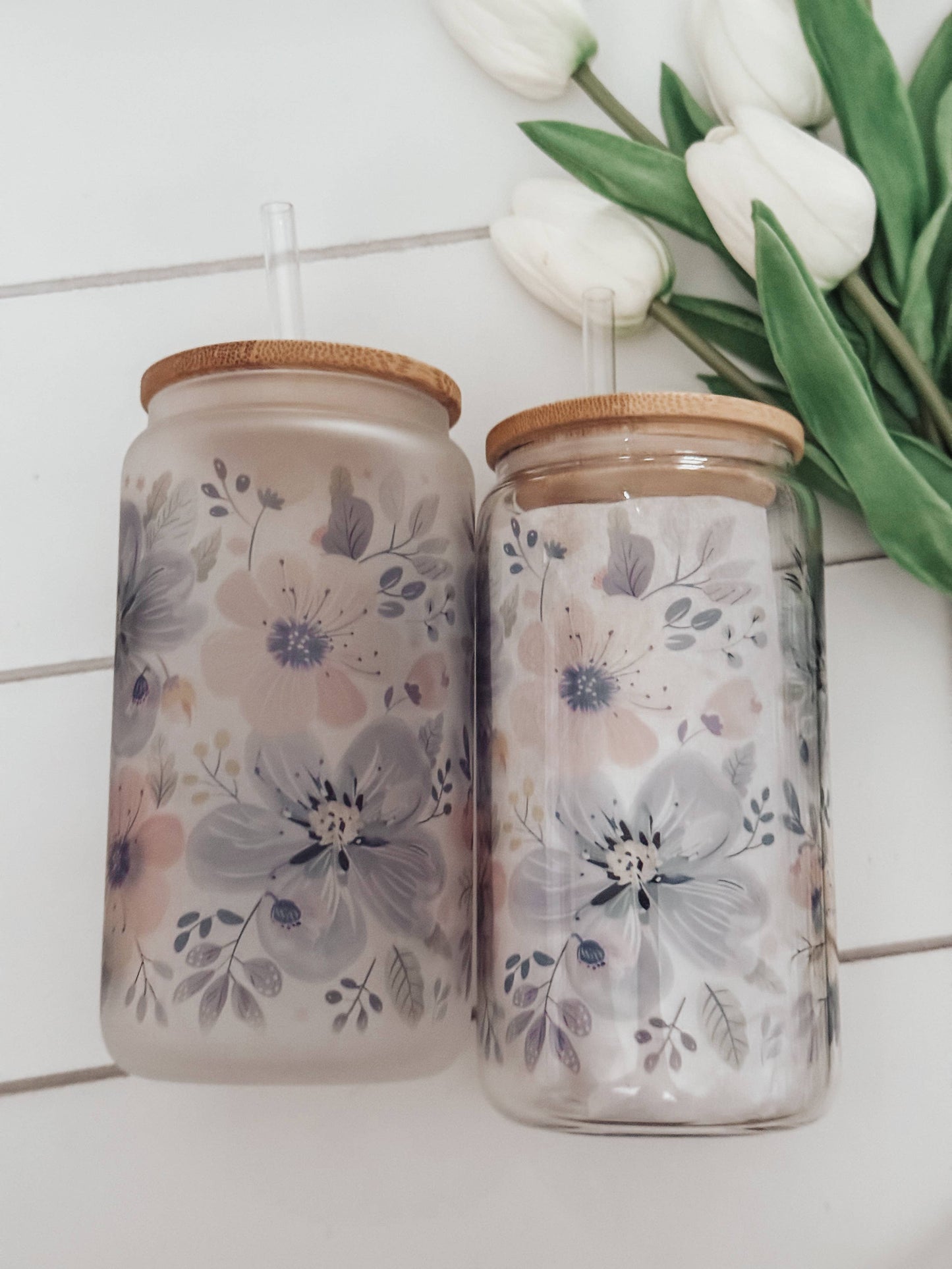 Spring Floral 16oz Glass Cup with Bamboo Lid : Frosted
