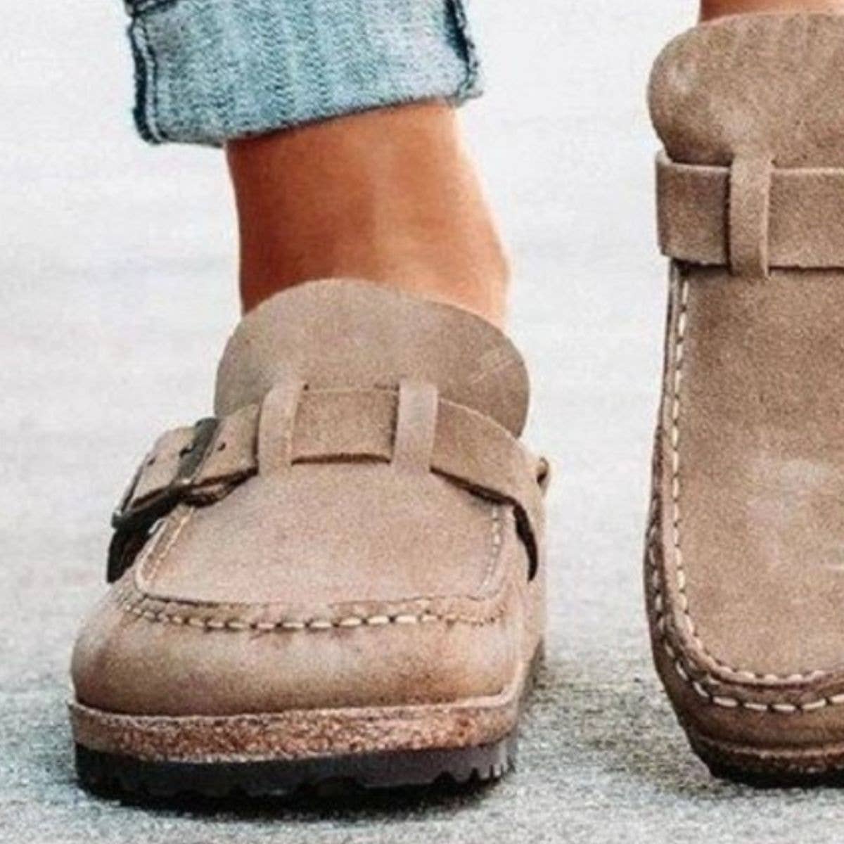 Round Toe Low Heel Buckle Sneakers: Khaki