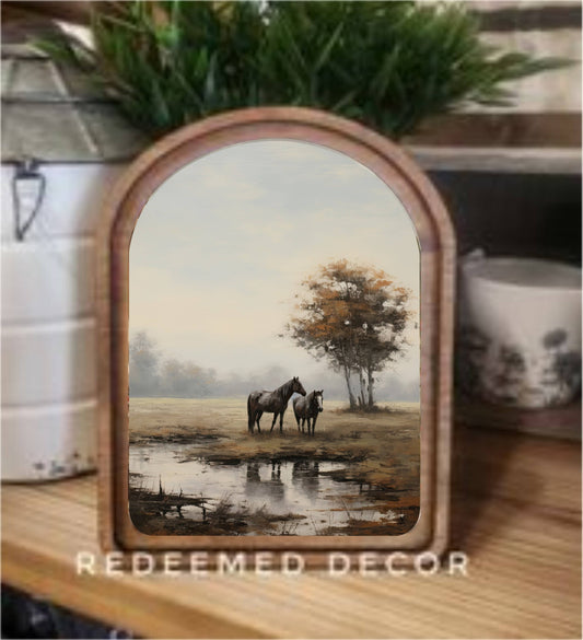 Arch Top Pasture Horses Framed Art : 6x8"