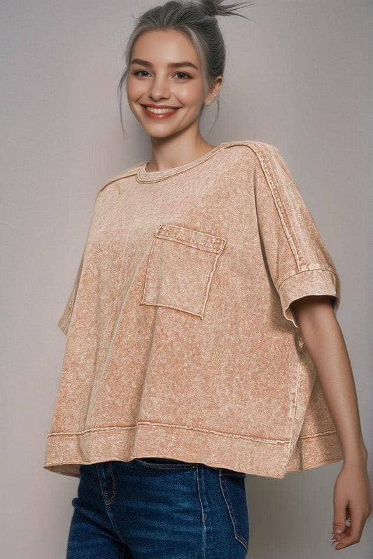 Washed Exposed Seam Oversized Tee: BROWN