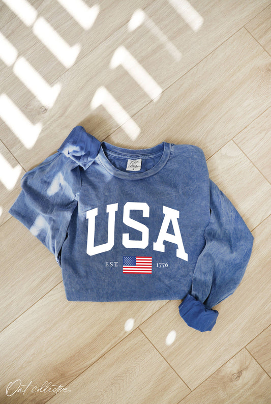 USA  Mineral Washed Long Sleeve Graphic: DENIM BLUE