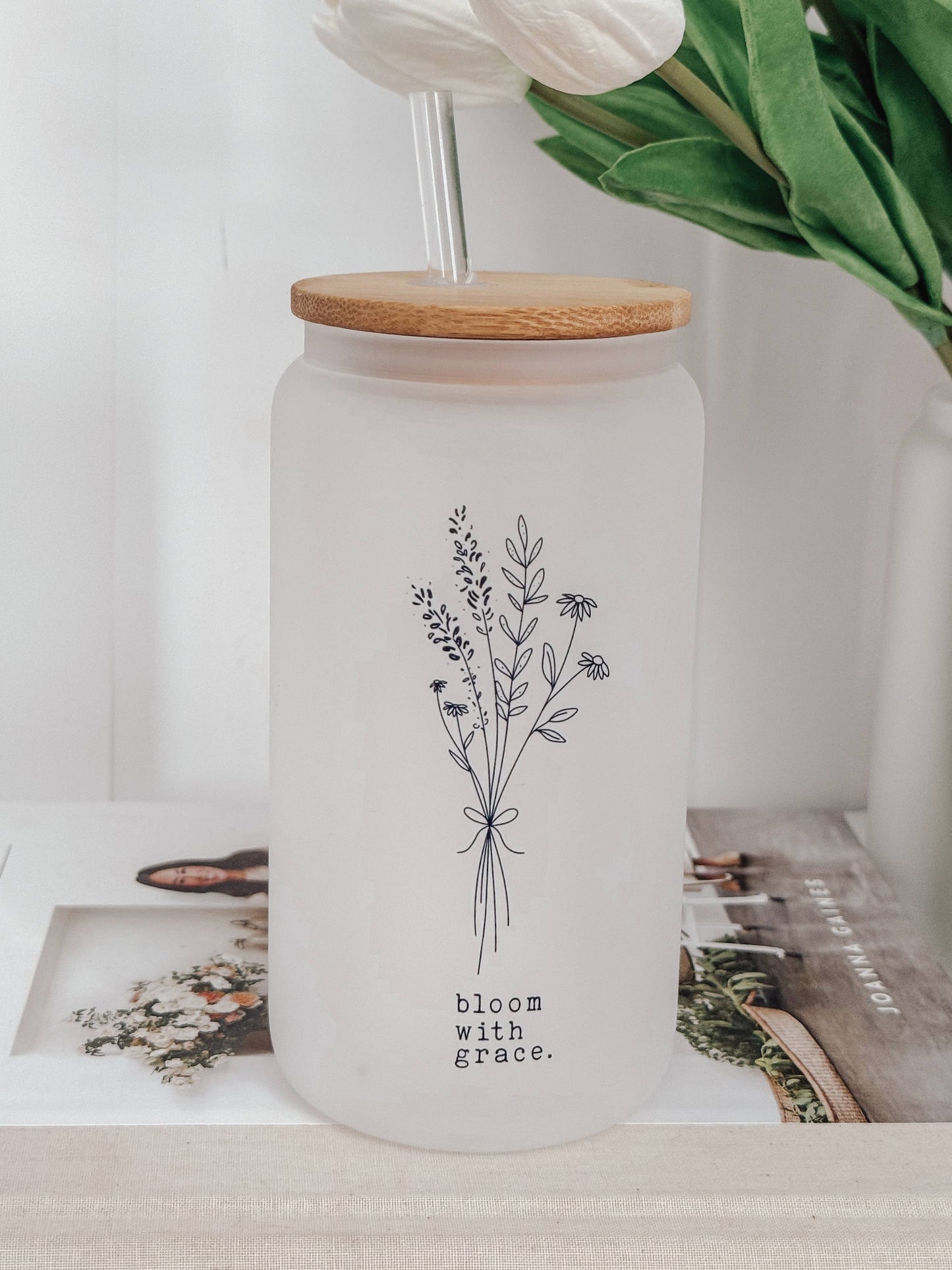 Bloom With Grace 16oz Glass Cup with Bamboo Lid: Frosted
