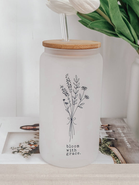Bloom With Grace 16oz Glass Cup with Bamboo Lid: Frosted