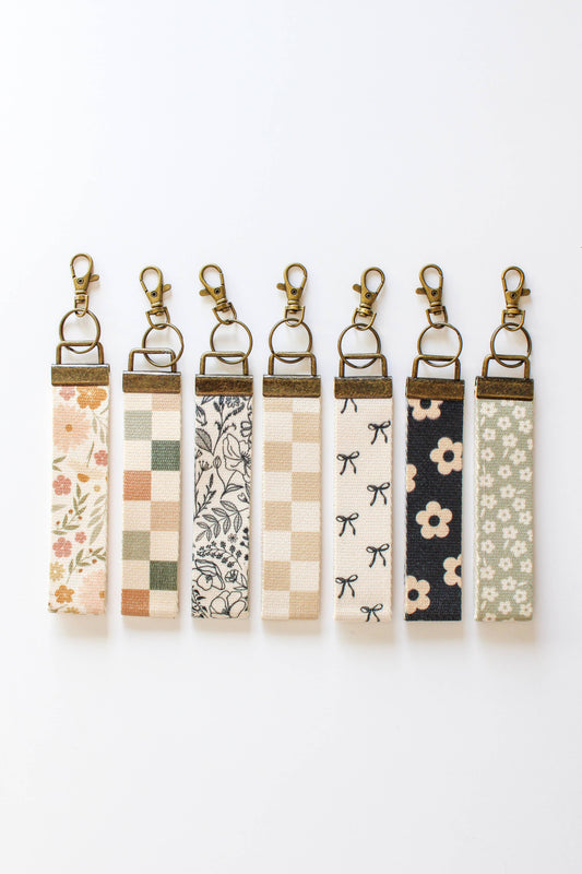 Canvas Wrist Keychain Lanyard, Key Wristlet: #18 Blue DitsyFlower / 1 inch wide