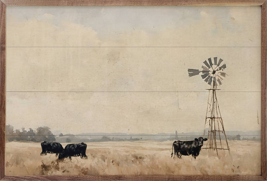 Black Cattle With Windmill: 16x10