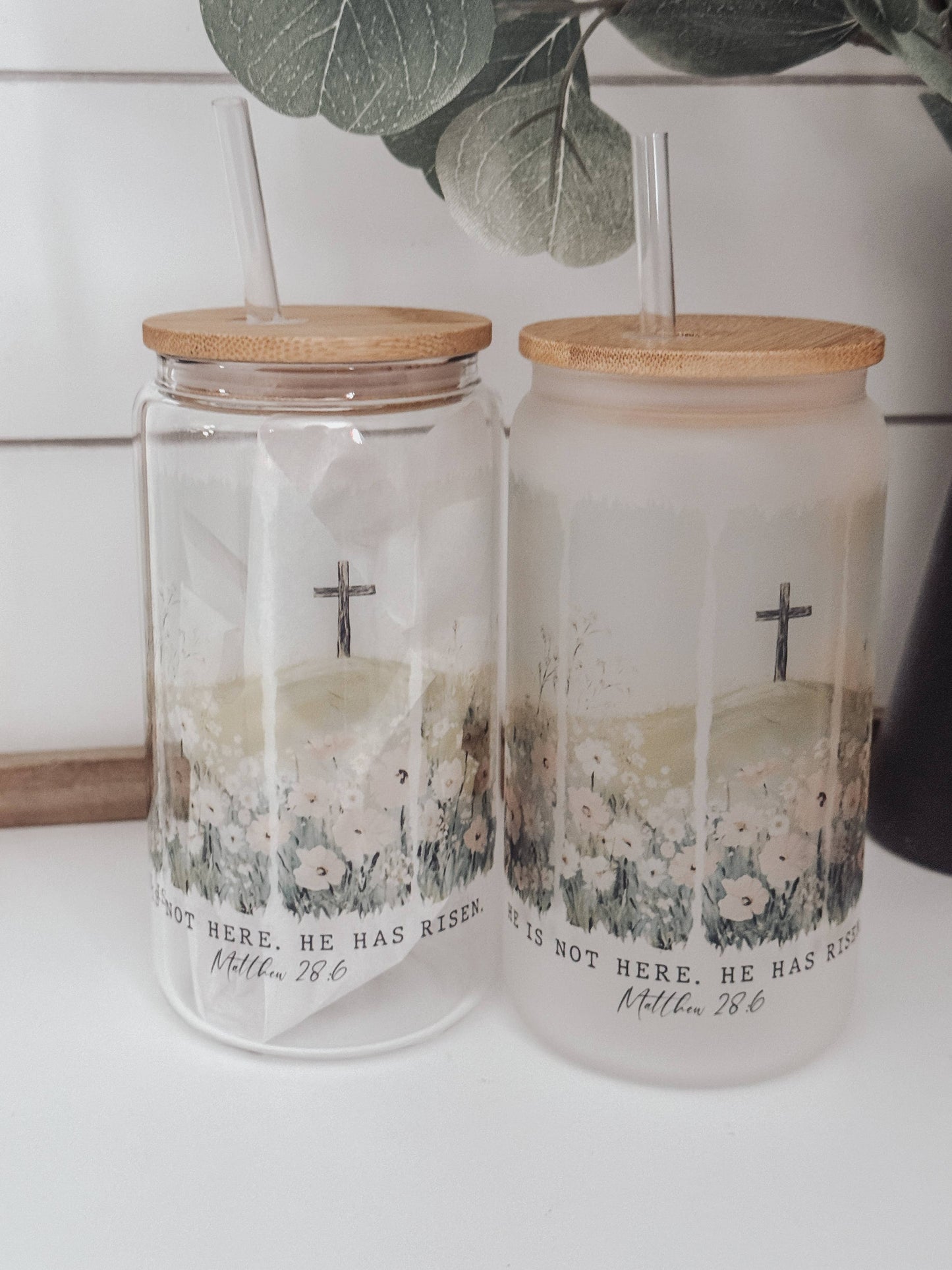 Mathew 28:6 16oz Glass Cup with Bamboo Lid  : Clear