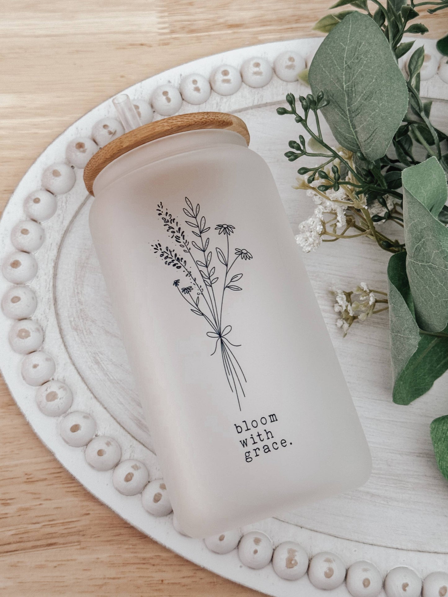 Bloom With Grace 16oz Glass Cup with Bamboo Lid: Frosted