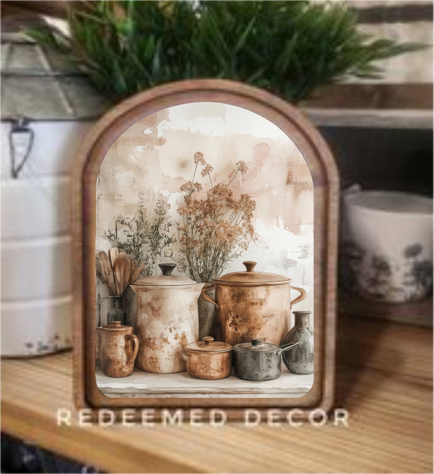 Arch Top Copper Pots Framed Art: 6x8"