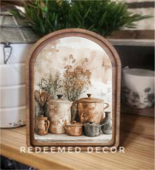 Arch Top Copper Pots Framed Art: 6x8"