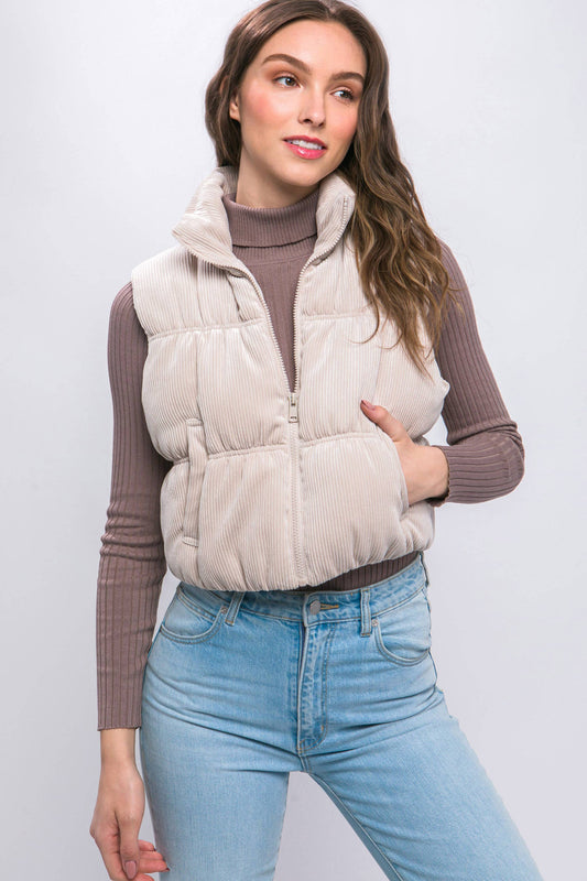 Corduroy Zip Up Puffer Vest with Pockets: CREAM