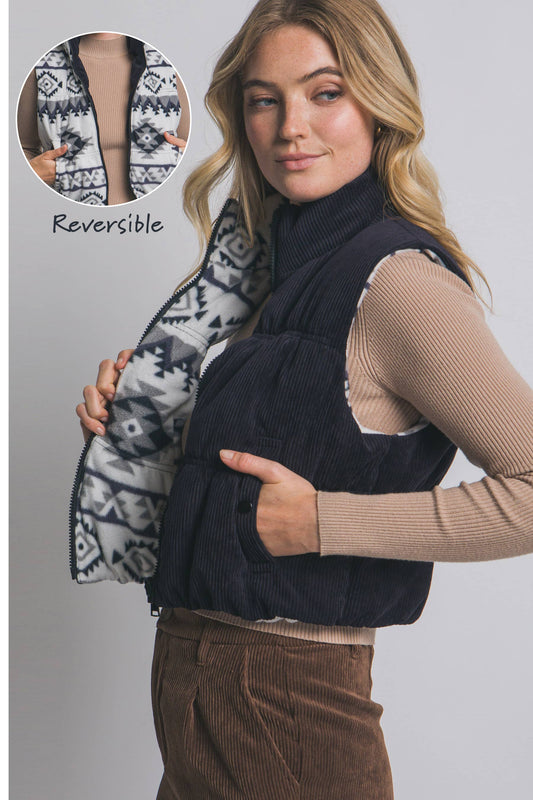 Aztec Print Reversible Corduroy Puffer Vest: BLACK