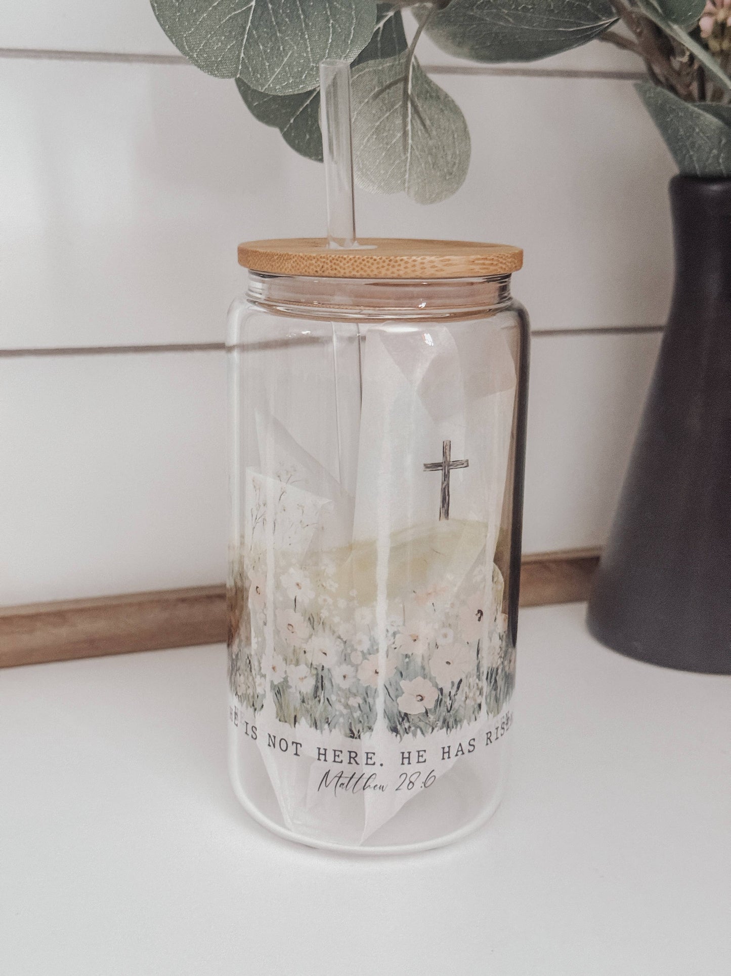 Mathew 28:6 16oz Glass Cup with Bamboo Lid  : Clear