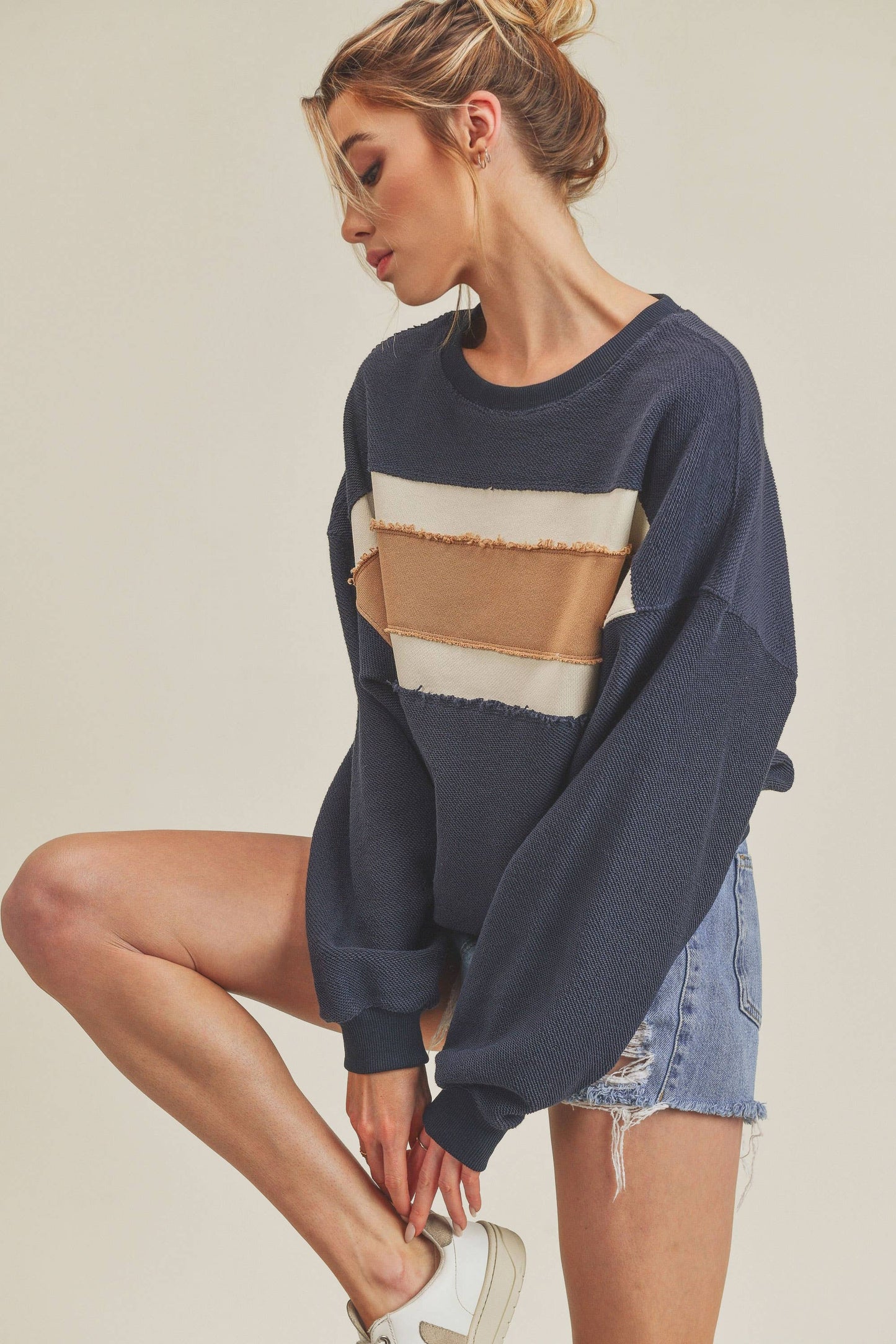 Winnie Sweatshirt: Navy/Ivory/Tan