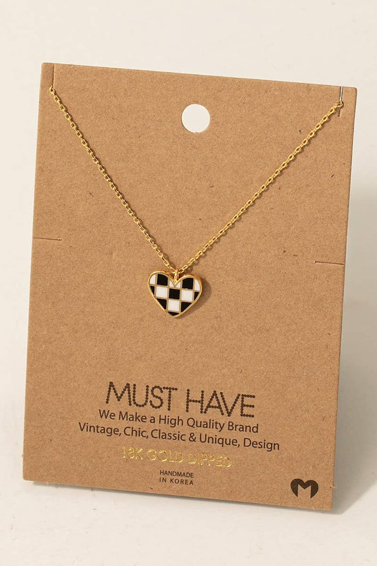 Gold Dipped Epoxy Checkered Heart Pendant Necklace: G