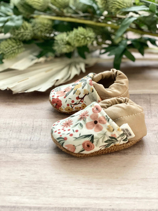 White Spring Floral with Tan Baby Shoes