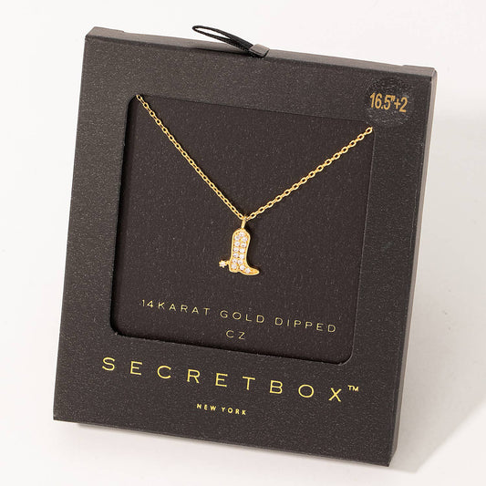 Secret Box Pave Cowboy Boot Pendant Necklace: Gold